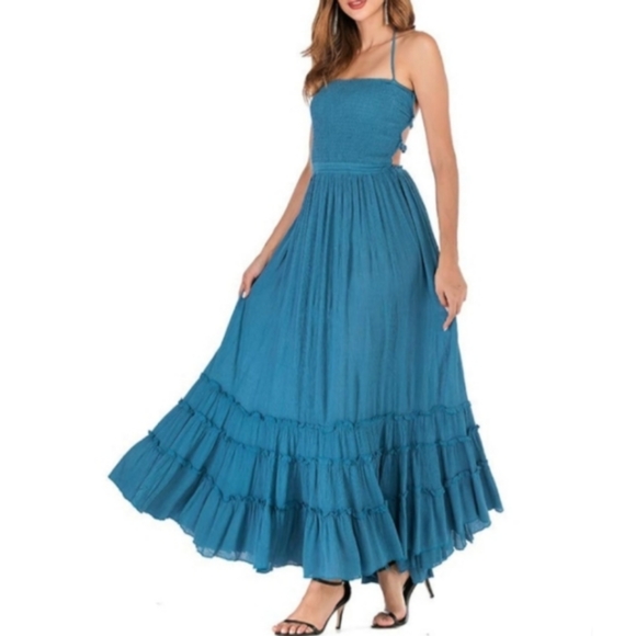 Peacock Blue Maxi Halter Gauze Dress Tiered Long Flowy Bohemian Beach Vacation - Picture 6 of 14